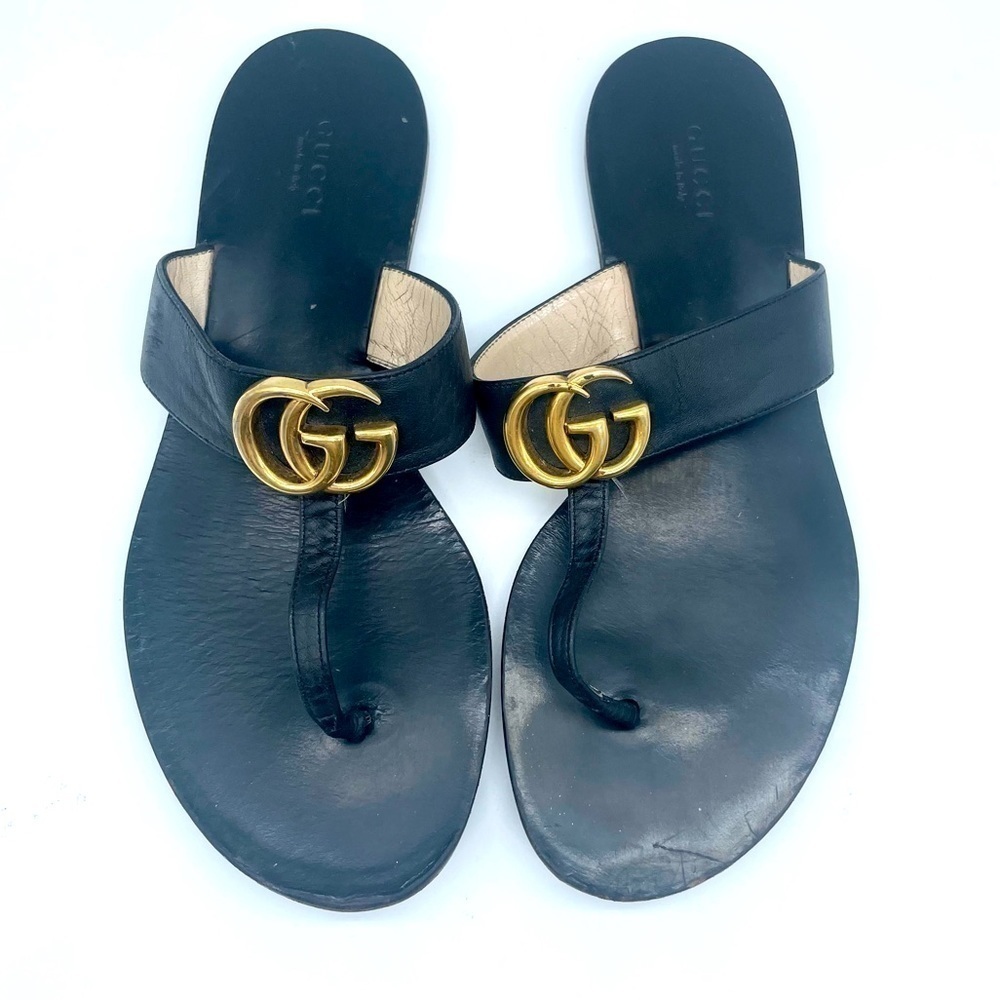 Gucci Black leather double GG lifford thong flat sandals 38